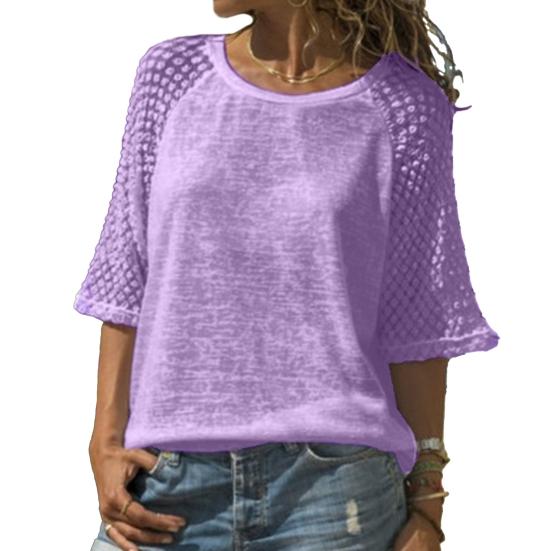 Women Tops Lightweight Breathable Mesh Design Loose Fit Sleeve Splicing Round Neck 46085 Sleeve Summer Casual