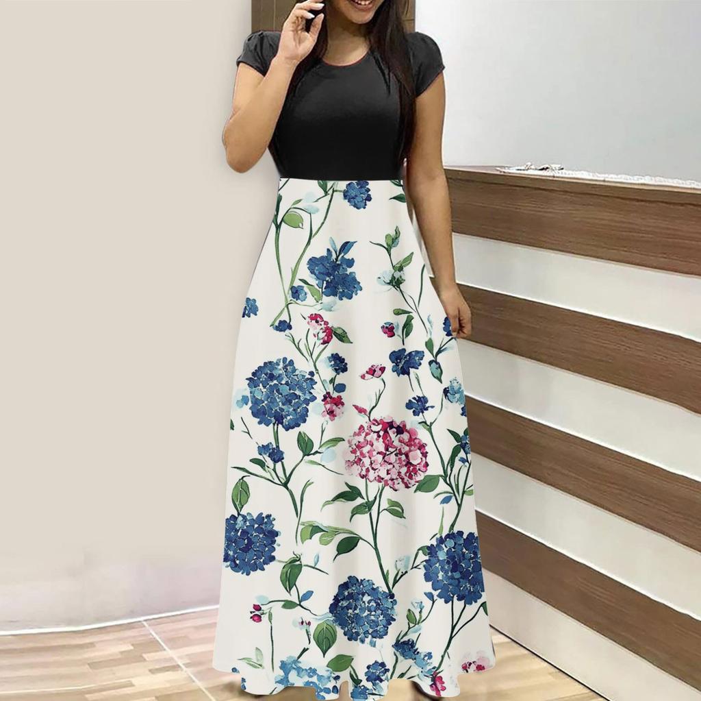 Женская мода повседневные свободные принтованные платья с круглым вырезом и коротким рукавом длинные платья с коротким рукавом длинные платья