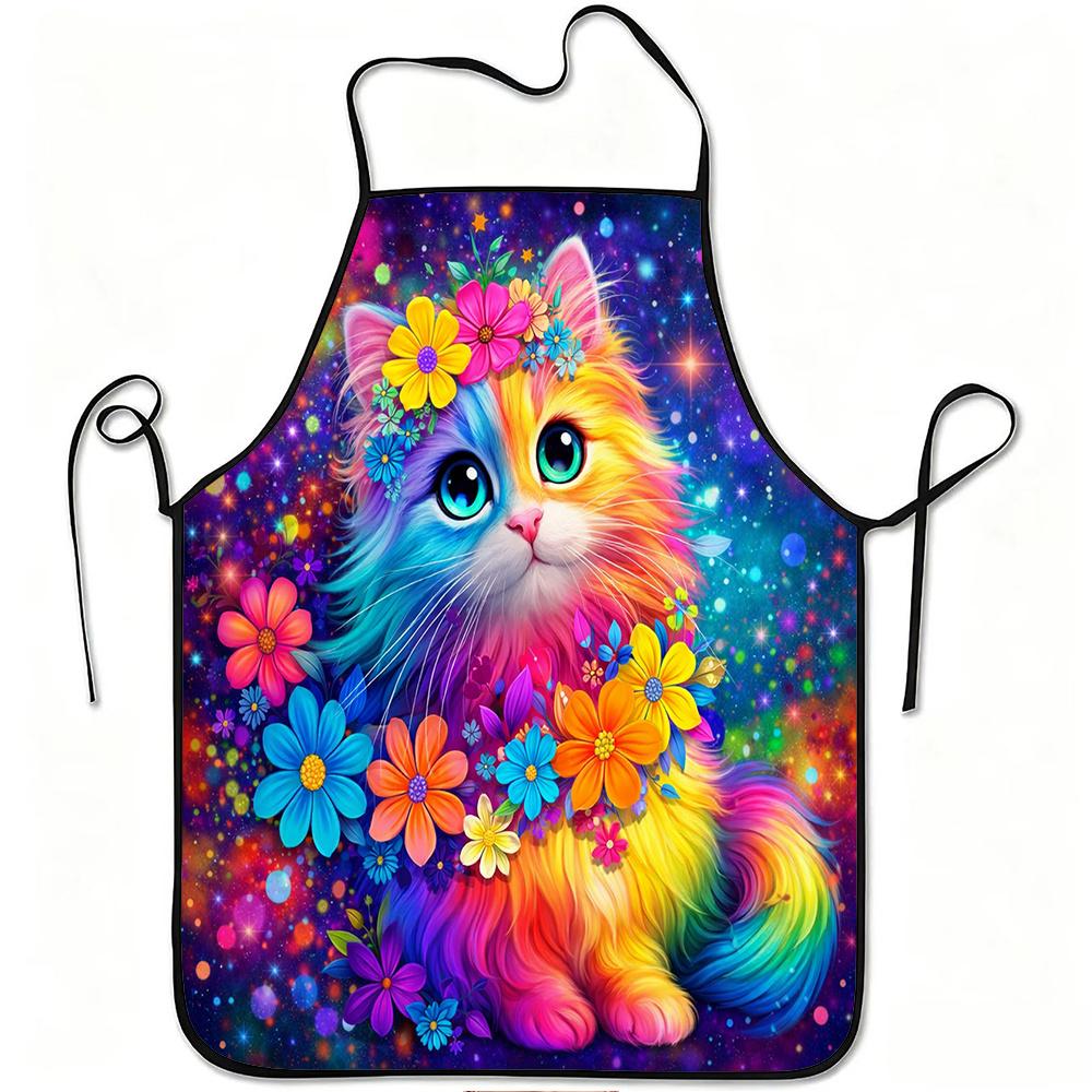 1pc Colorful Galaxy Cat with Flowers Print Apron, Durable And Easy to Clean, Adjustable Waistband, Polyester Material, for Kitchen Cooking, Gardening,