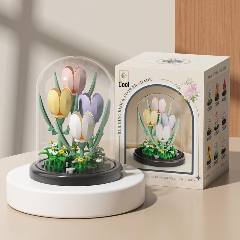 Preserved Flower Basket Building Blocks: Rose & Succulent Ornaments, Educational Toy for Girls, Ideal for Valentine's Day or June 1st Gift