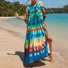 Women's Boho Cover Up, Plus Size Contrast Loose Fit Vacay Beach Kaftan Dress