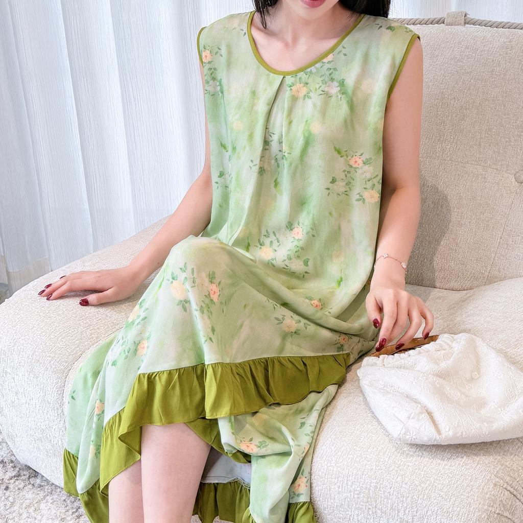 Holiday style sleeveless floral nightdress women's summer thin cotton and silk lotus leaf edge medium and long can be worn outside loungewear pajamas