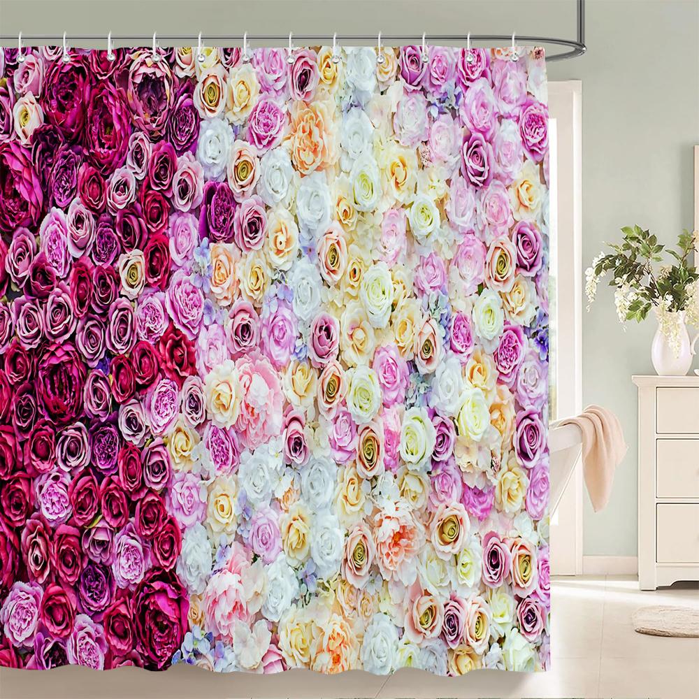 1Pcs Pink flower printing waterproof shower curtain, Rose flowers wall bathroom decorative curtain with plastic hooks