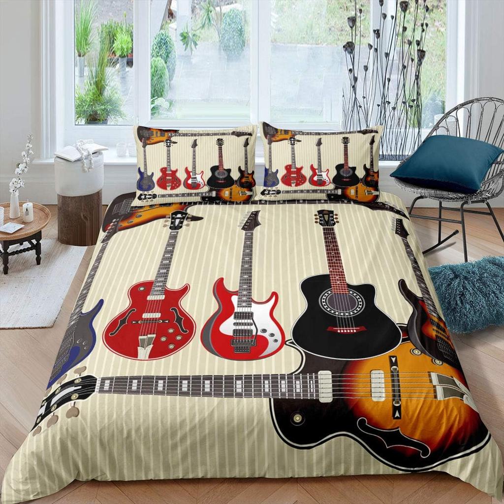 Guitar Duvet Cover Twin,Modern Music Themed Bedding Set Kids Cool Hip Pop Inspired Bed Cover,Musical Instrument Comforter Cover