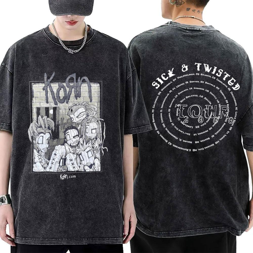 Washed Vintage Rock Band Korn Sick Twisted Tour 2000 Tshirts Male Alternative Nu Metal Music Tshirt Mens Oversized T Shirts