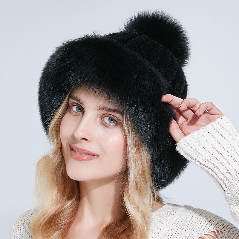 Genuine Mink Fur Beanie Hat Winter Womens Fox Brim Hats Thick Warm Fox Fur Caps With Pompom Fashion Fur Knit Beanies