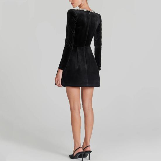 Женское мини-платье с квадратным воротником, длинным рукавом, декором из бисера и цветов, короткое платье с высокой талией и длиной выше колена