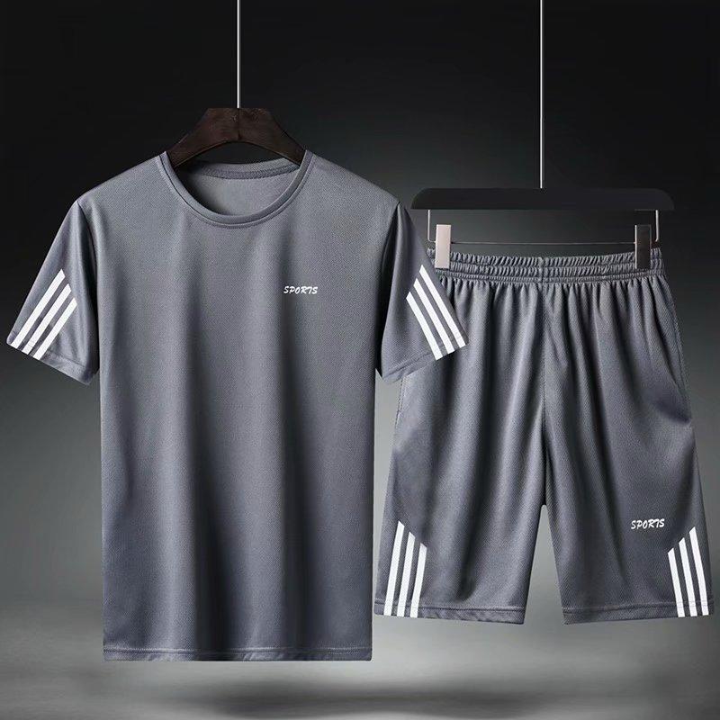 Casual Suit Sweatpants Summer Solid Stripe Tracksuit Two Piece T-shirts+Shorts Mens Sportswear Jogger Slim Fit Sportsuit