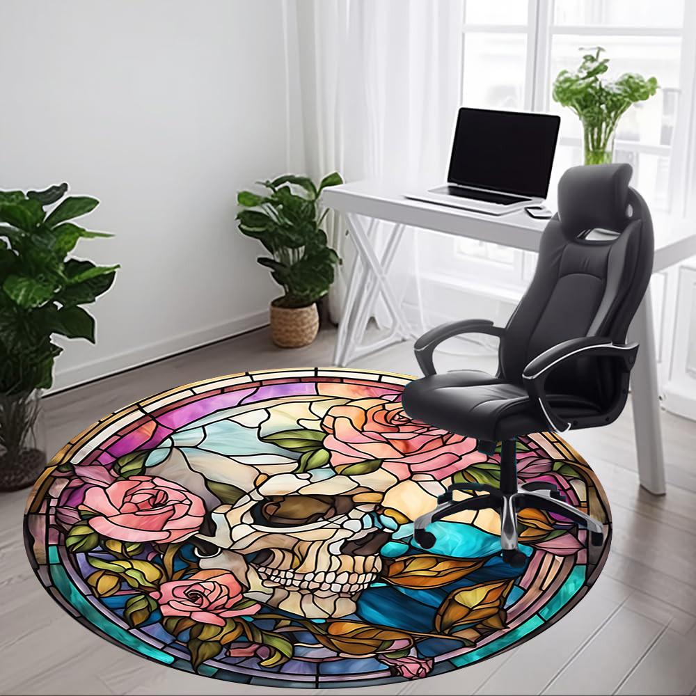1pc Stained Glass Skull Roses Office Round Rug, Non-slip, Soft and Durable Office Rug for Interior Decoration, Perfect for Office yy260204027