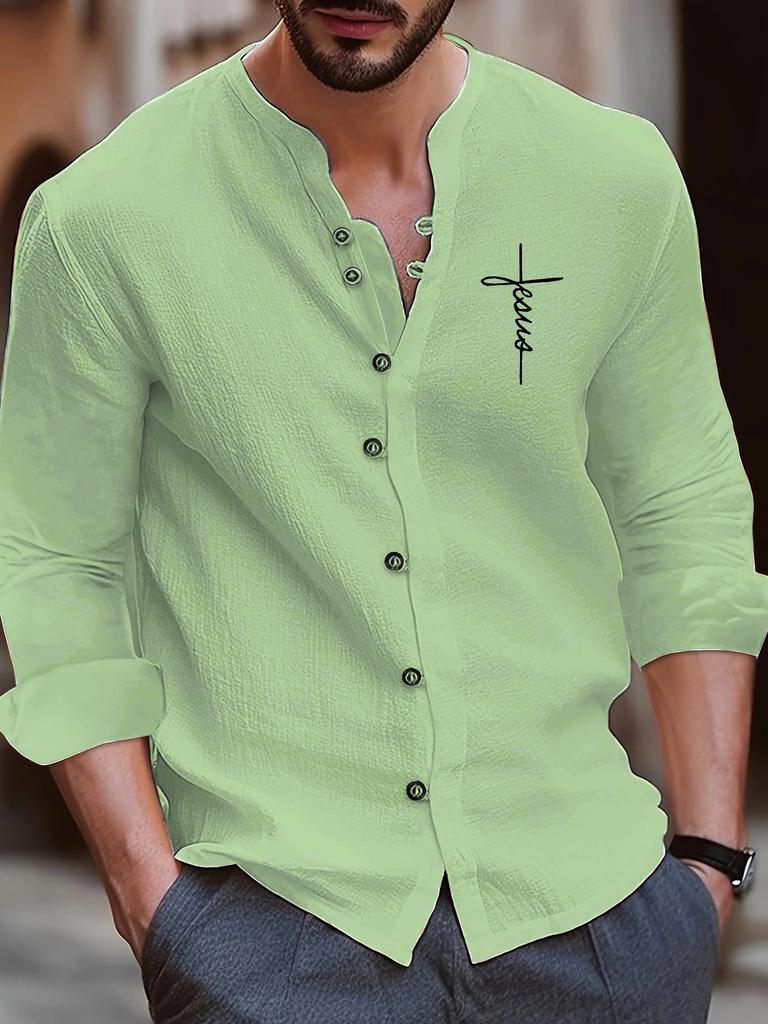 Cotton Blouse Beach Style Top Man Long Sleeved Stand Up Collar Letters Printed Retro Slim Fit Men's Casual Shirts