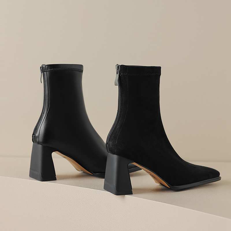 Krazing Pot Зимние ботинки из флока из микрофибры с квадратным носком, эластичные ботинки без шнуровки на высоком толстом каблуке, женские ботильоны