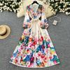 Spring Summer Women V-neck Lace Collar Single Breasted Vintage Print Long Maxi Vacation Seaside Beach Dresses