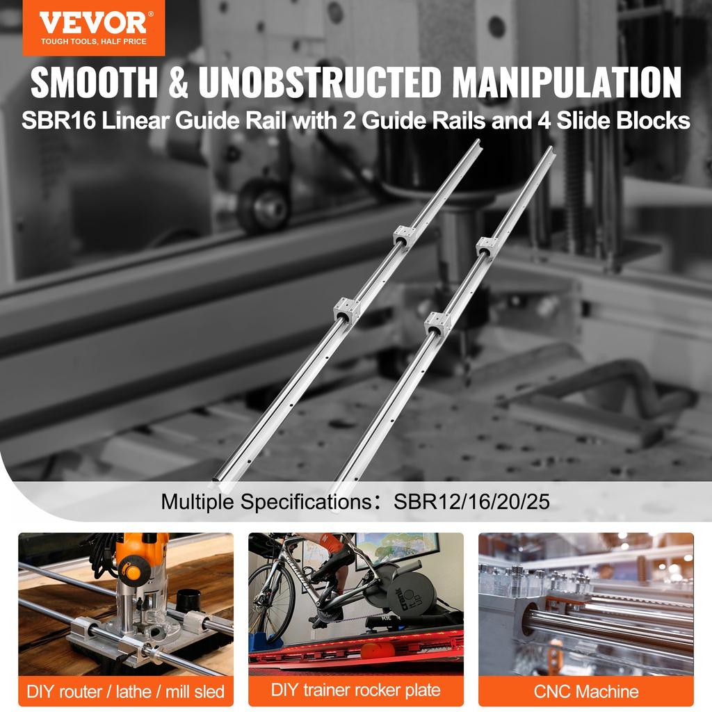 VEVOR Linear Guide Rail Set, SBR16 1500mm, 2 PCS 59 in/1500 mm SBR16 Guide Rails and 4 PCS SBR16UU Slide Blocks