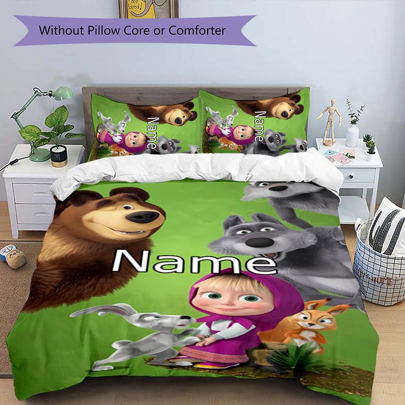 3pcs Masha and the Bear4 Cover Set - Personalized Name, HD Printed Bedding with 1 Cover and 2 Pillowcases - Perfect for Home Decor, Easy Care