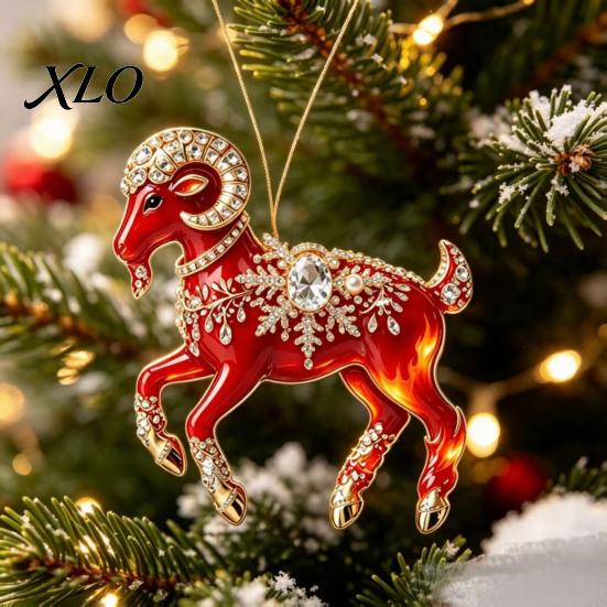Durable Hanging Collection Acrylic Goat Christmas Tree Pendant, Decorative Ornament with Xmas Pendant Rhinestone, Golden Cord for New Year Party