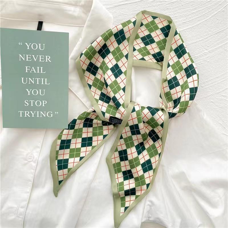 Маленький белый и нежно-зеленый шелковый шарф для женщин, тонкая лента, повязка на голову, резинка для волос, украшение для сумки, длинный