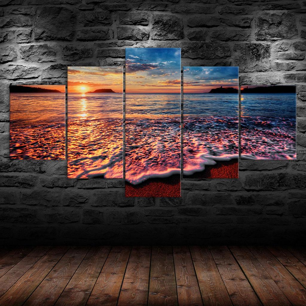 Sunset Beach Ocean Sea Waves 5 Piece Five Panel Wall Canvas Print Modern Art Poster Picture Home Decor Gift For Him For Her