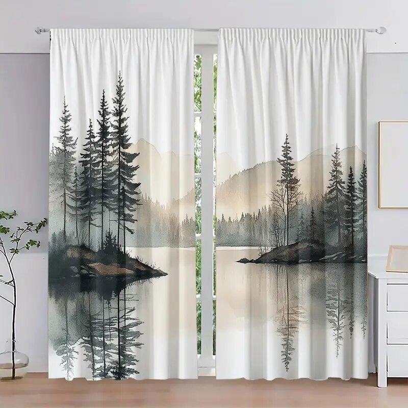 2 шт. - Шторы с принтом узора «Прибрежный пейзаж», шторы с кулиской, украшение для дома, украшение комнаты