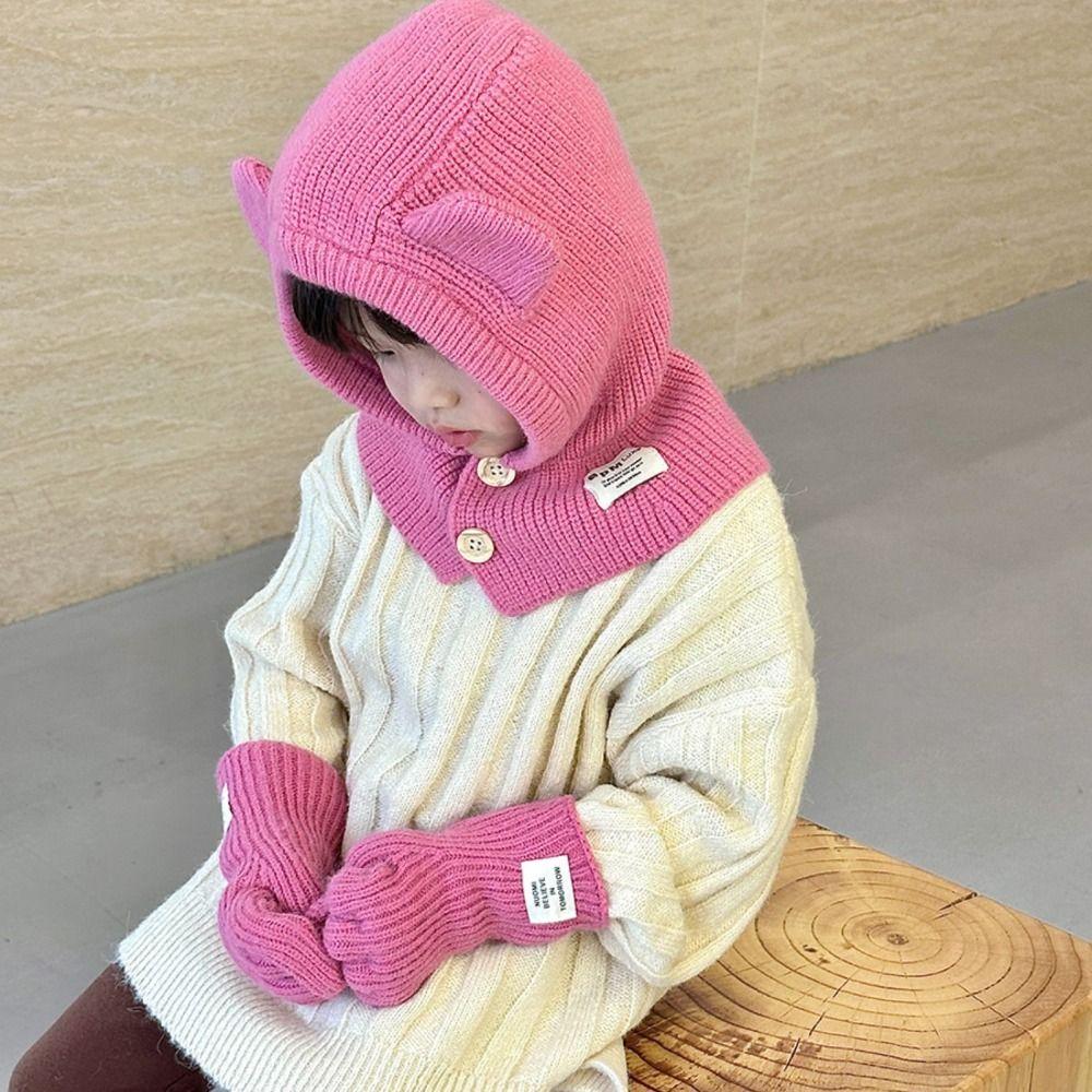 Soft Warm Baby Hooded Hat Boys Girls One Piece Scarf Cap Lovely Bear Ear Knit Hats Toddler