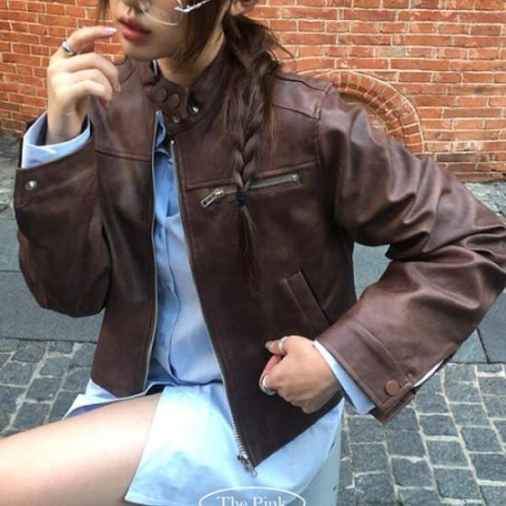 The Pink Women Semi Crop Vintage Biker leaTher Jacket