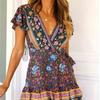 Women's Holiday Bohemian Print Mini Dress Ladies V Neck Summer Beach Sundress