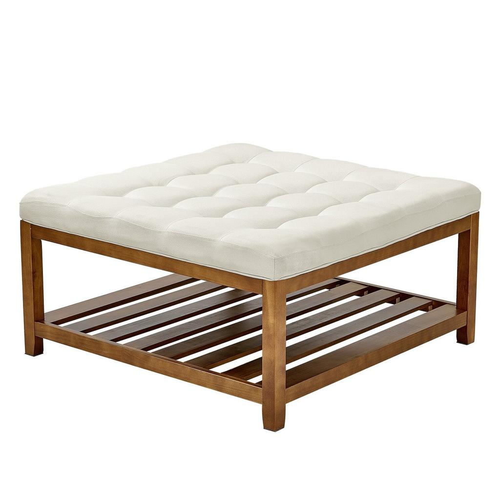 VEVOE Large Square Ottoman Coffee Table, 87.5 cm Tufted Coffee Table with Solid Wood Shelf Storage, Linen Solid Upholstered Footrest Ottoman for