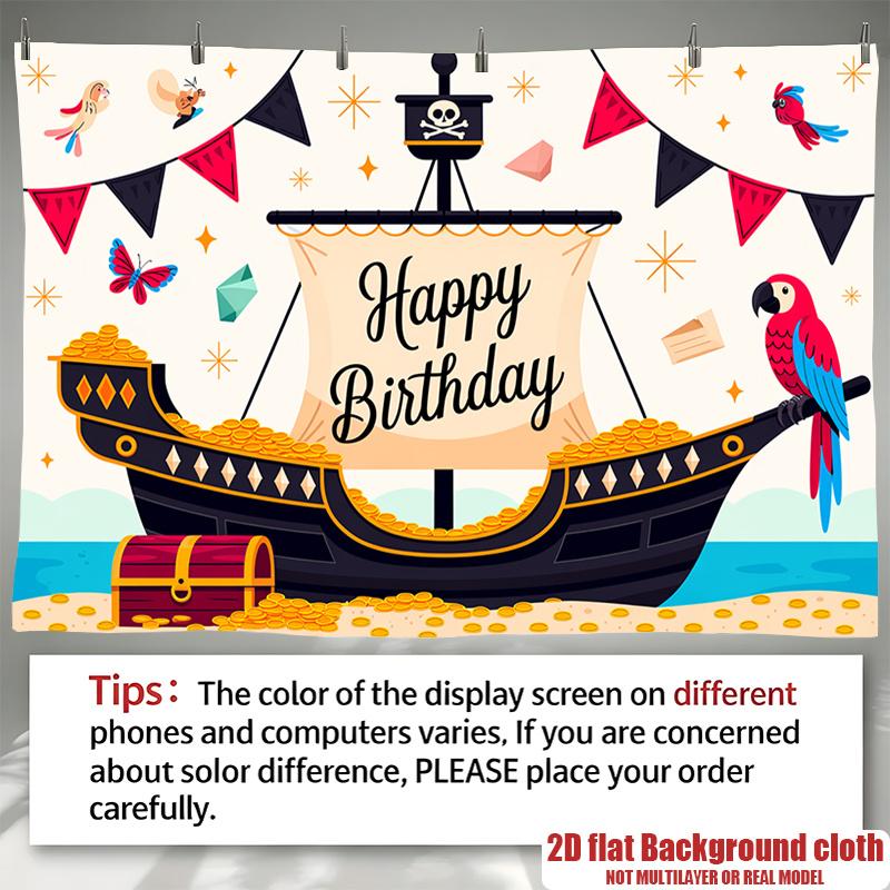 Happy Birthday Pirate Ship Theme, 1pc Polyester Party Backdrop Banner, Photo Booth Background, Wall Decor