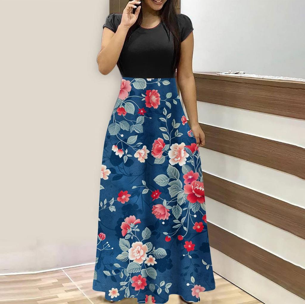 Женская мода повседневные свободные принтованные платья с круглым вырезом и коротким рукавом длинные платья с коротким рукавом длинные платья