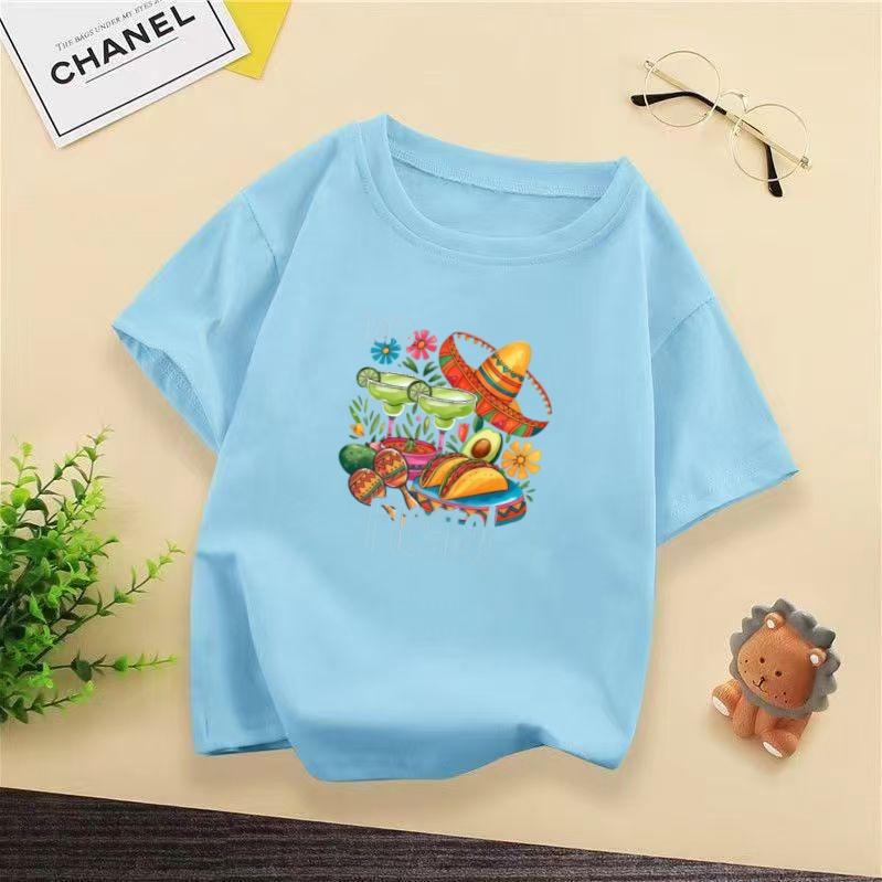 Cartoon Painted Mexico May 5th Festival Childrens Tshirt Ethnic Style Casual Short Sleeved Tshirt for Boys and Girls