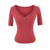 Button V-neck medium-sleeved T-shirt women's summer new American Spice Girl slim and thin short pullover bottoming top
