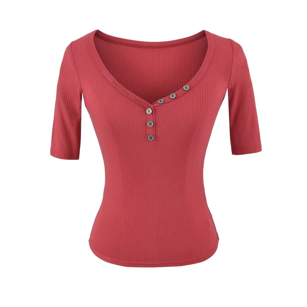 Button V-neck medium-sleeved T-shirt women's summer new American Spice Girl slim and thin short pullover bottoming top
