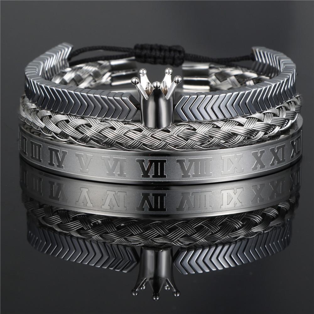 European and American retro crown woven bracelet, Roman letter stainless steel mesh open bracelet set three pieces men