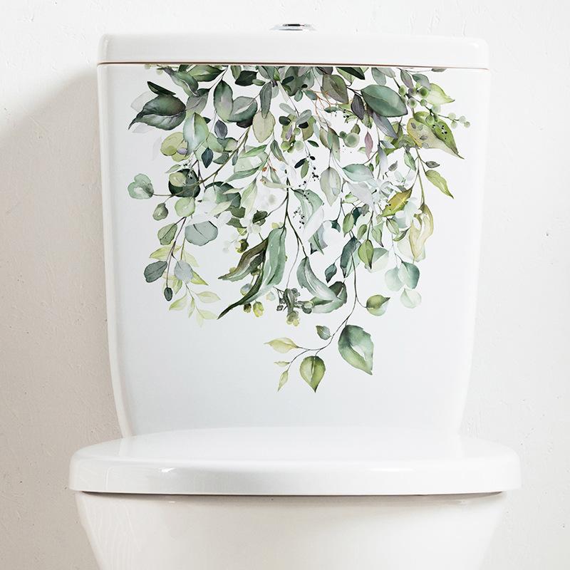 Green Plant Leaves Flower Toilet Stickers Bathroom Wall Decor Decals Living Room Home Decoration Beautify Self-Adhesive Poster