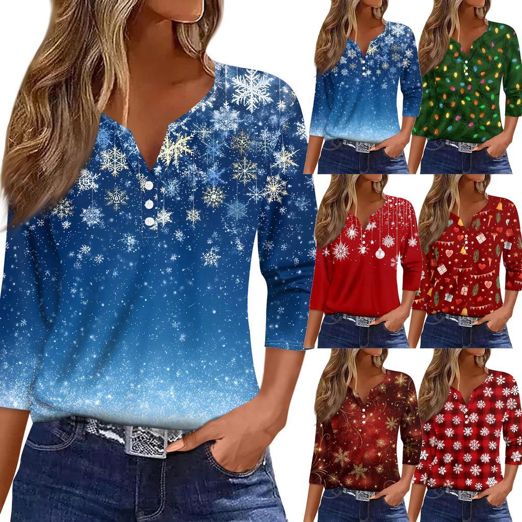 Women's T Shirt Christmas Print Button 3/4 Sleeve Daily Weekend Fashion Basic V- Neck Regular Top