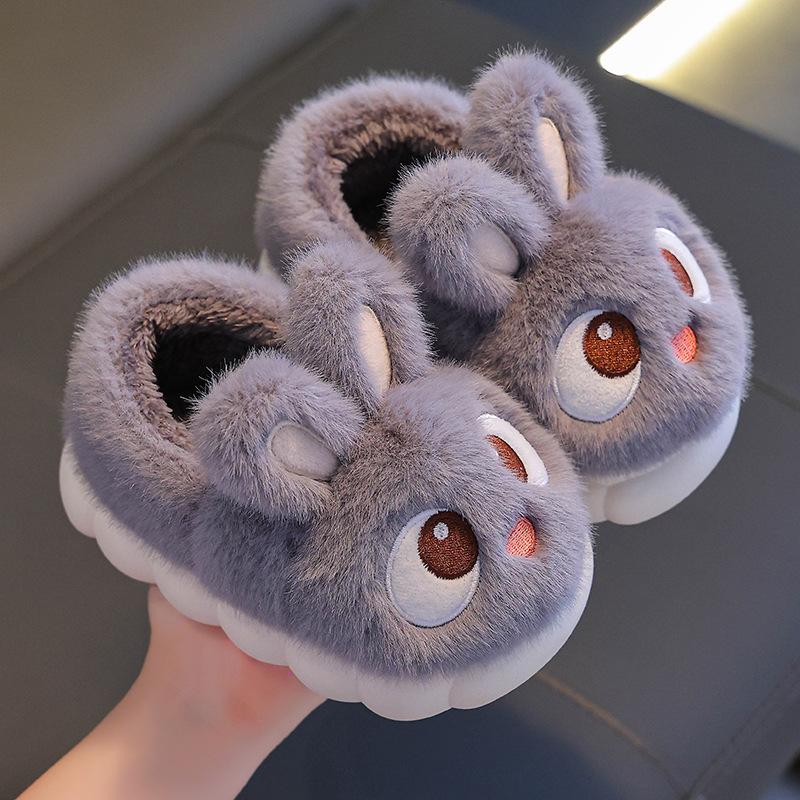 Children's Cotton Slippers, Cute Rabbits for Winter Girls, Warm and Fluffy Fur for Small and Medium-sized Children, Anti Slip Baby Home Shoes for Boys