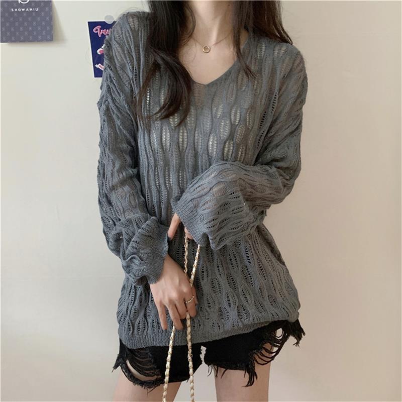 Солнцезащитный свитер с капюшоном в стиле ленивой зауженной посадки, свободный V-образный вырез, ажурный трикотажный свитер с длинными рукавами, летний свитер