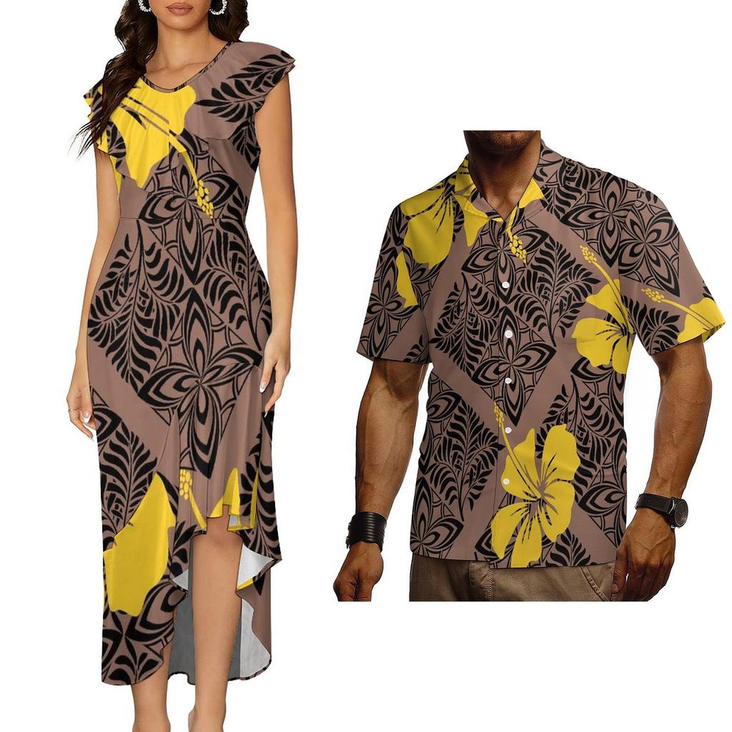 Polynesian Tribal Traditional Samoan Puletasi Dress for Women Custom Elegant Dresses Vintage Floral Dress Couple Set