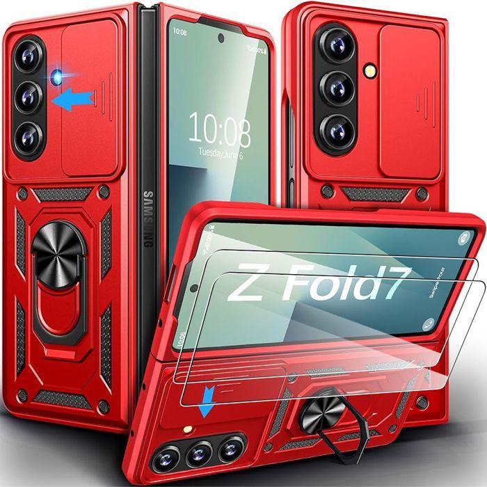 Coque de protection - BOOLING - pour Samsung Galaxy Z Fold 7 - Rouge - Anneau rotatif - Verres trempés