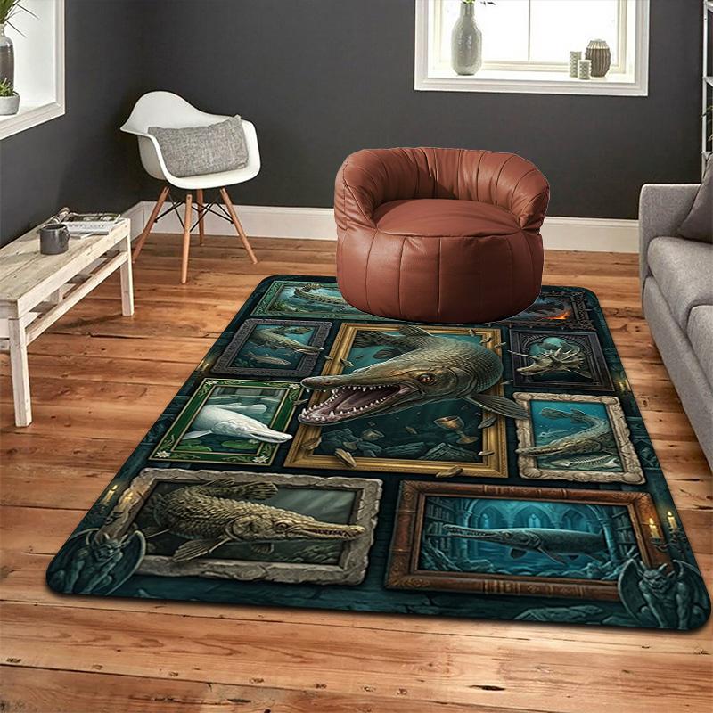 Prehistoric Fish Gallery Pattern Rug Floor Mat for Living Room or Bedroom Soft and Comfortable Carpet a Gift for Birthday and Holiday.
