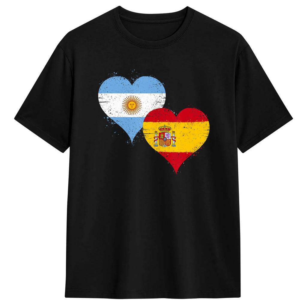 Half Spain Half Argentine Fingerprints Flags Spain Argentina T-Shirt Leisure Cotton Tees Crewneck Short Sleeve T Shirt
