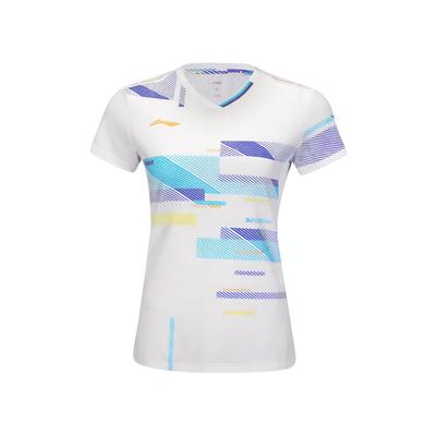 Li Ning Серия Бадминтон Принт Быстросохнущая Цветной блок V-образный вырез Футболка с коротким рукавом Женские топы Белый AAYV022-2