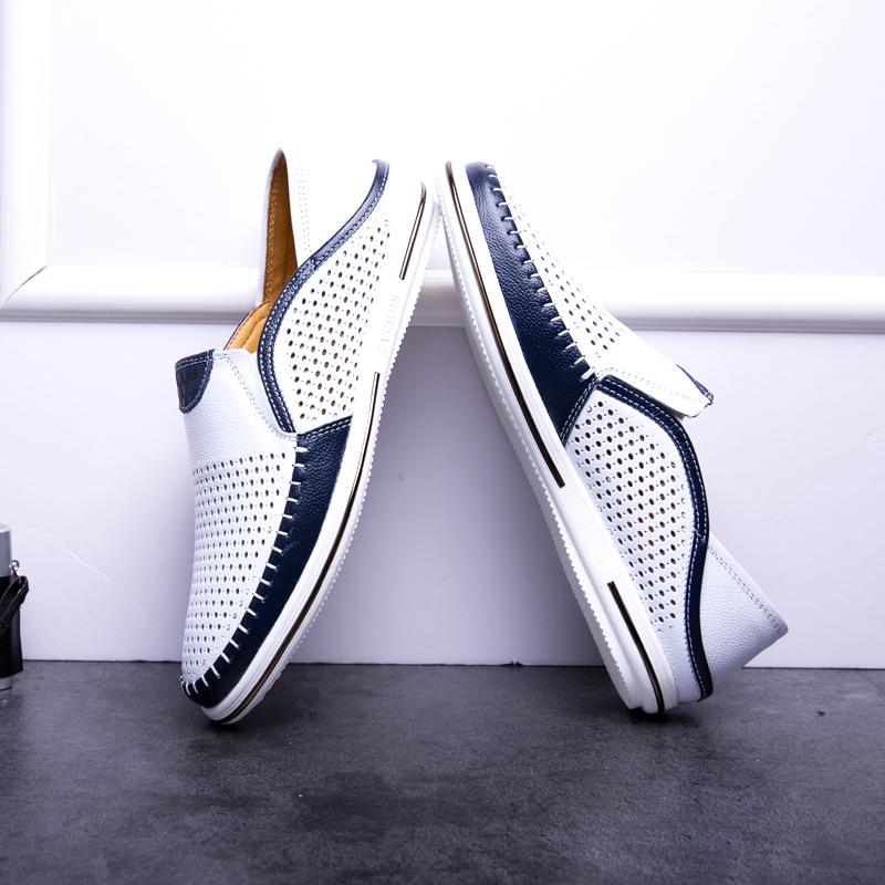 Мужская повседневная обувь из натуральной кожи, летние мужские лоферы, мокасины, без застежек, дышащие ажурные мужские туфли для вождения, обувь с отверстиями