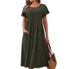 Women's Fashion Solid Color Round Neck Pocket Pleated Short Sleeve Cotton And Linen Dress