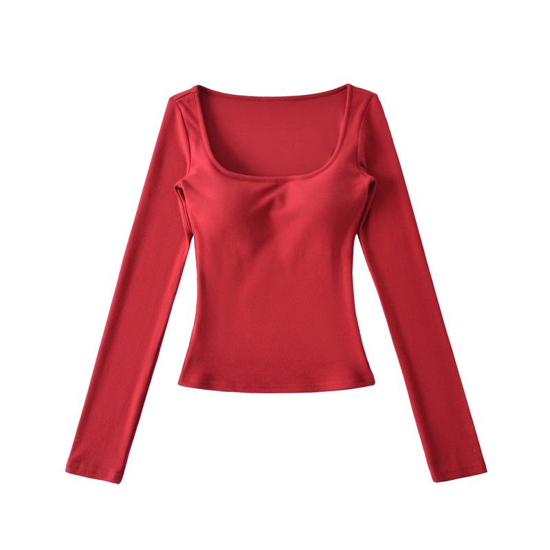 Korean Square Neck Slimming Long Sleeve T-Shirt with Chest Pads and Waist-Cinching Design for Women - Spring/Autumn