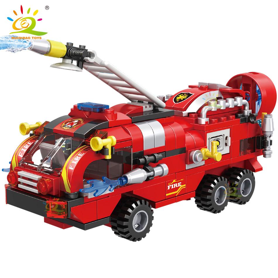 HUIQIBAO 387pcs 6in1 Fire Fighting Trucks Building Blocks City Rescue Helicopter Bricks 6 Fireman Toys For Children Kids Gift