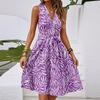 Women's Spring And Summer Casual V-Neck Sleeveless Waist Floral Print Midi Dress