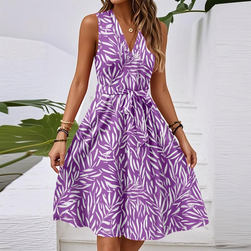 Women's Spring And Summer Casual V-Neck Sleeveless Waist Floral Print Midi Dress