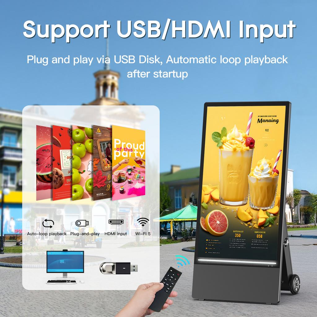 MWE USA Stock Portable 43 55Inch 1800 Nit Indoor & Outdoor Battery Powered Digital Signage LCD Advertising Poster Display Player
