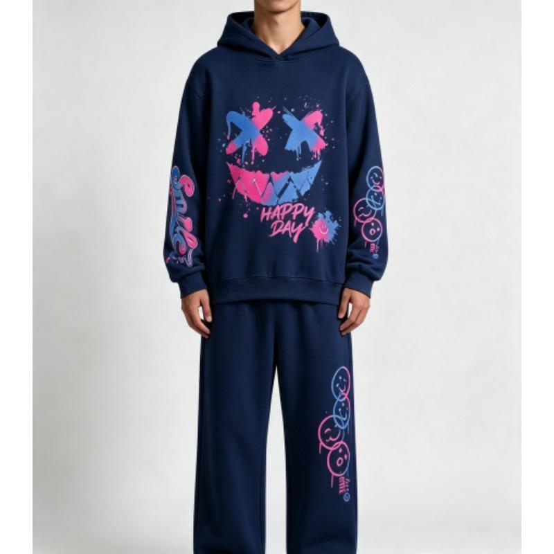 Happy Day Graffiti Print Kids Pullovers Pants 2-piece Set Street Casual Fashion Hoodies Vintage Boy's Girl Clothes