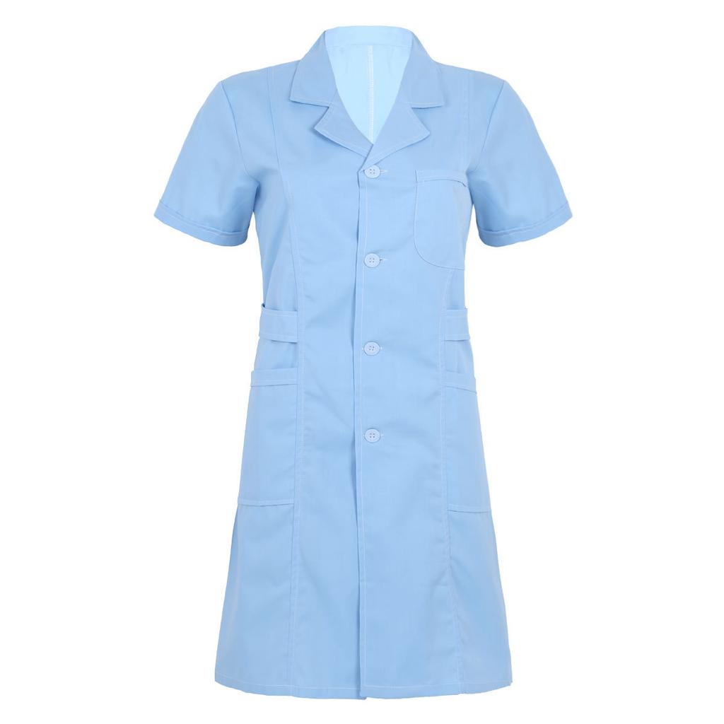 Больничный лабораторный халат униформа S-XXL для женщин взрослых - Однотонное платье-скраб с лацканами, коротким рукавом и застежкой на пуговицы спереди